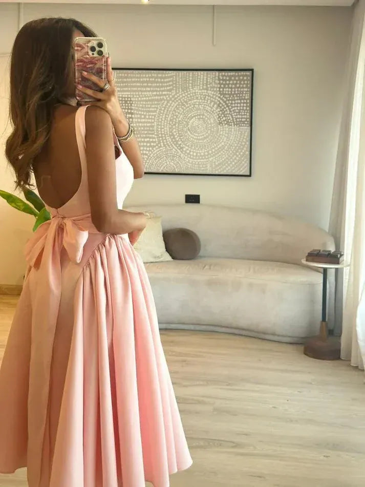 Pink Satin Midi Dress – Open Back Bow Detail Fit-and-Flare Formal Gown