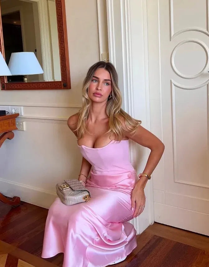 Pink Satin Strapless Corset Maxi Gown – Draped Waist Formal Evening Bridesmaid Dress