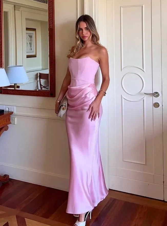Pink Satin Strapless Corset Maxi Gown – Draped Waist Formal Evening Bridesmaid Dress