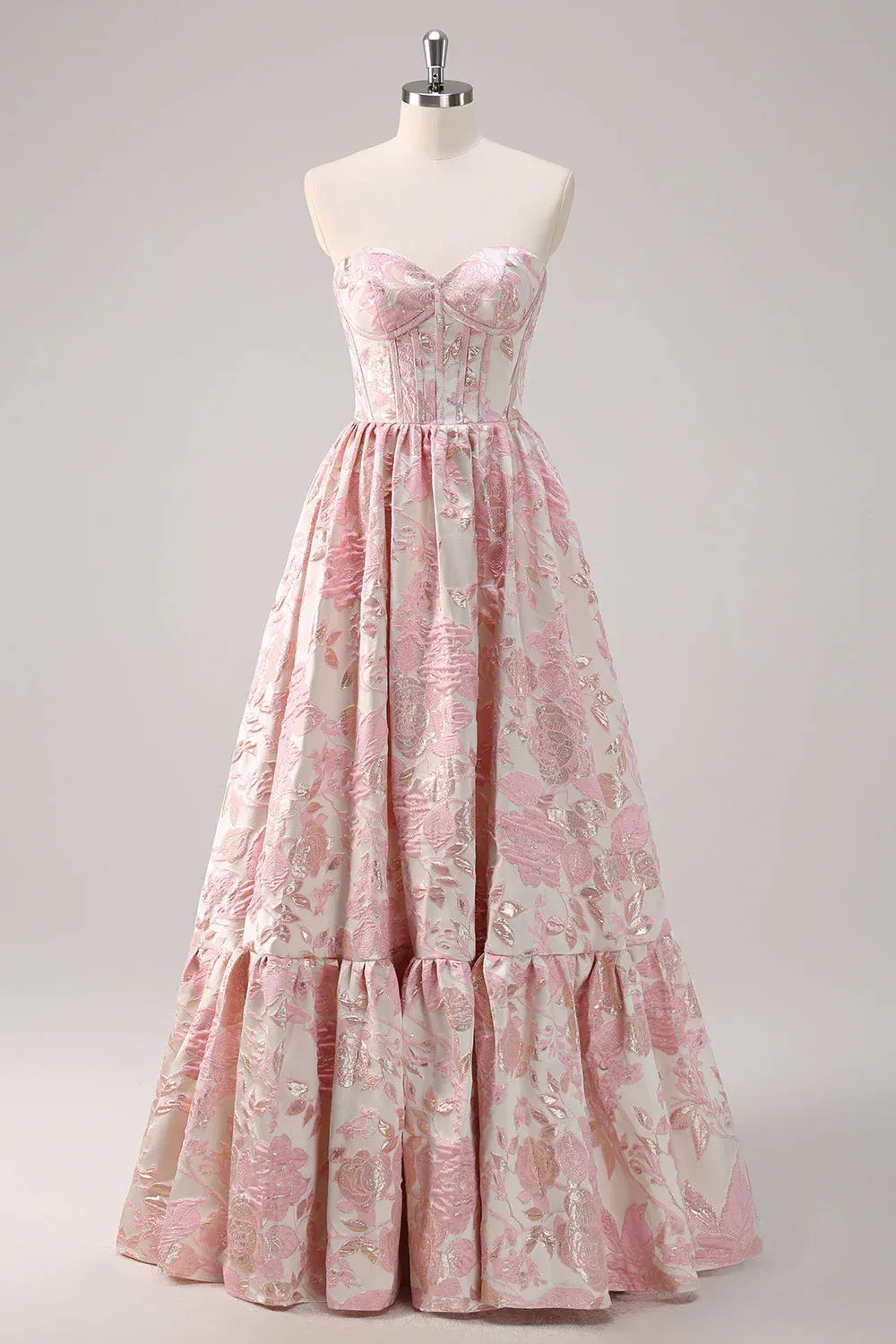 Pink Strapless Floral Jacquard Ball Gown with Ruffled Hem