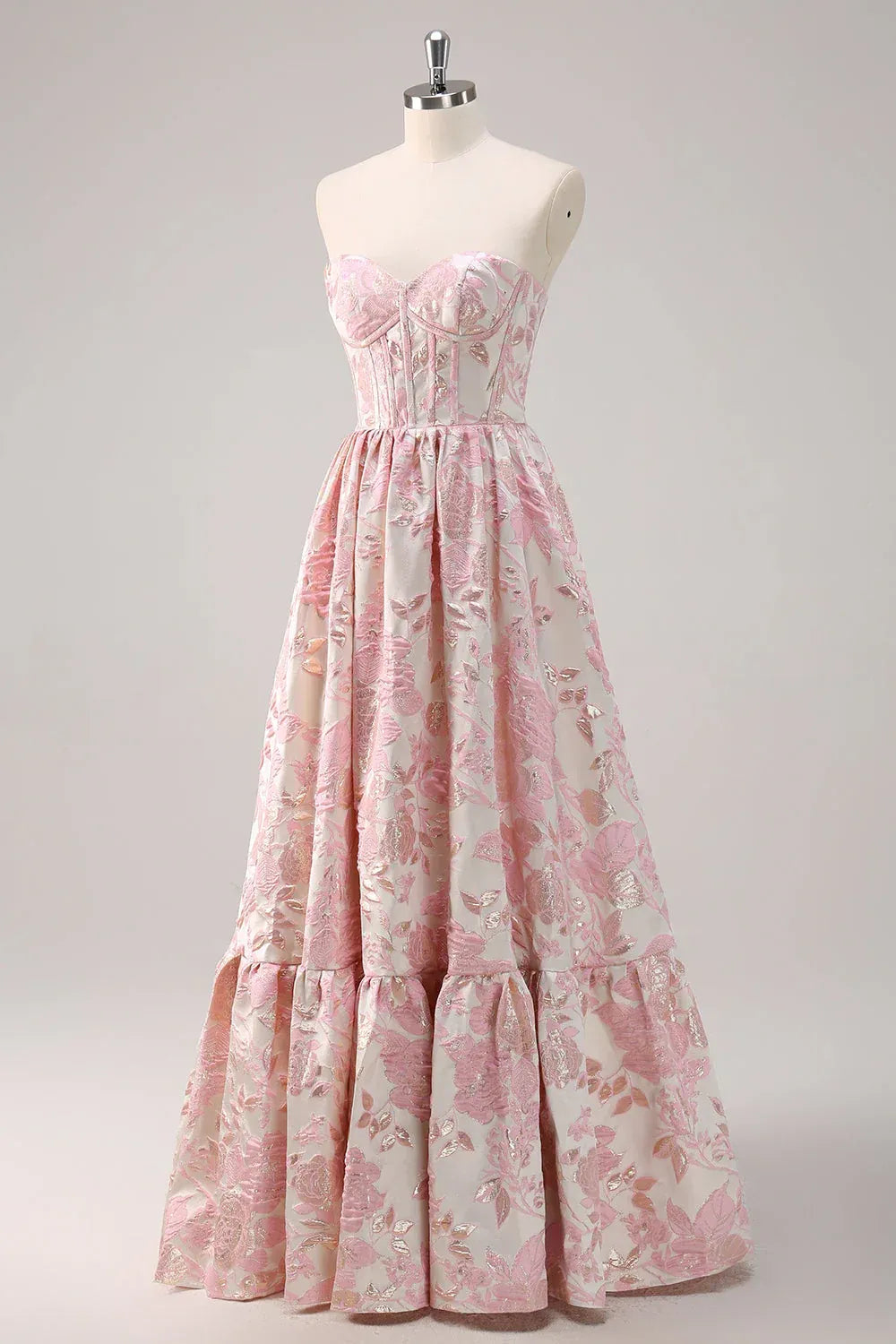 Pink Strapless Floral Jacquard Ball Gown with Ruffled Hem