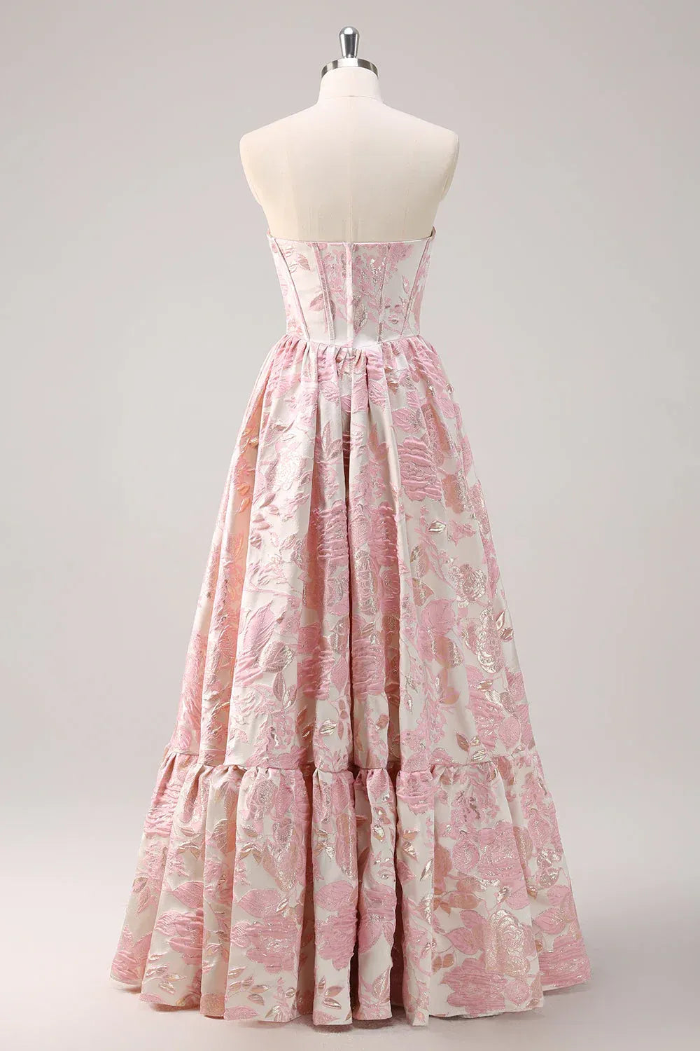 Pink Strapless Floral Jacquard Ball Gown with Ruffled Hem