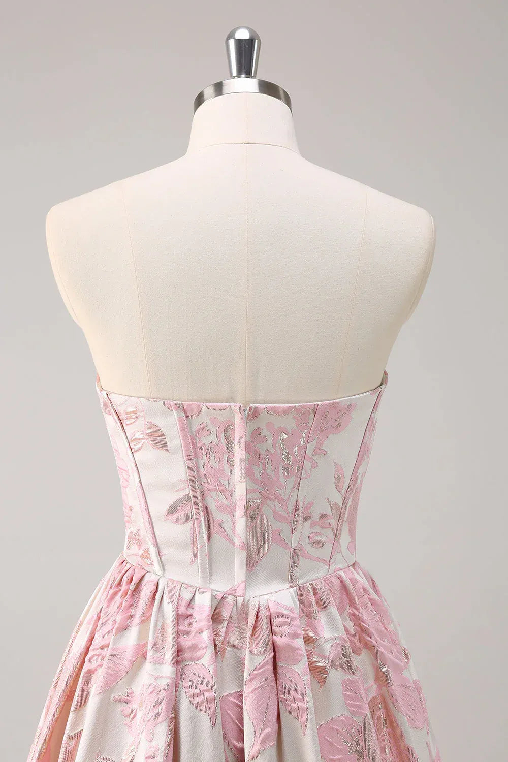 Pink Strapless Floral Jacquard Ball Gown with Ruffled Hem