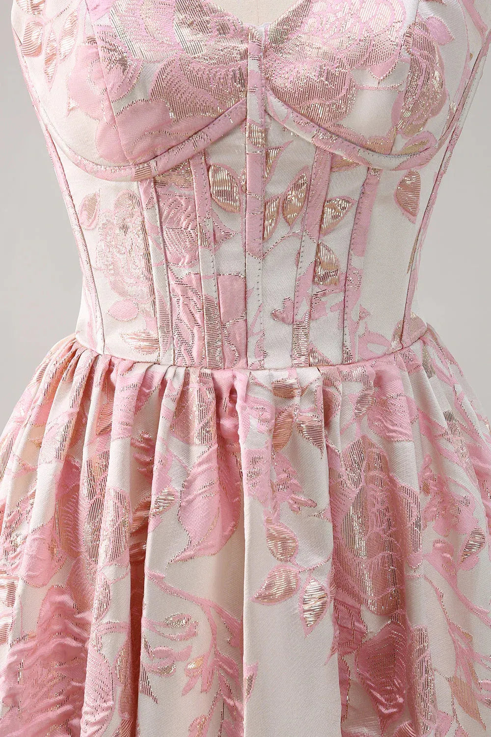 Pink Strapless Floral Jacquard Ball Gown with Ruffled Hem