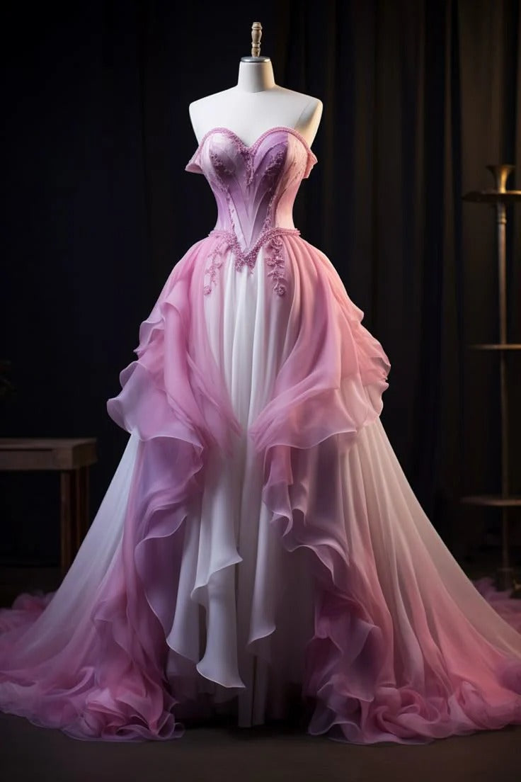 Pink & White Gradient Organza Strapless Ruffle A-Line Ball Gown with Train