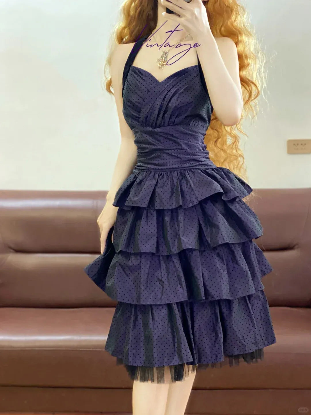 Playful A-Line Halter Ruched Dark Purple Swiss-Dot Taffeta Dress