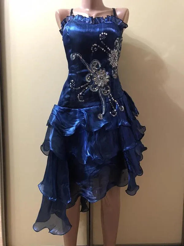 Playful A-Line Spaghetti-Strap Beaded Floral Satin Mini Dress