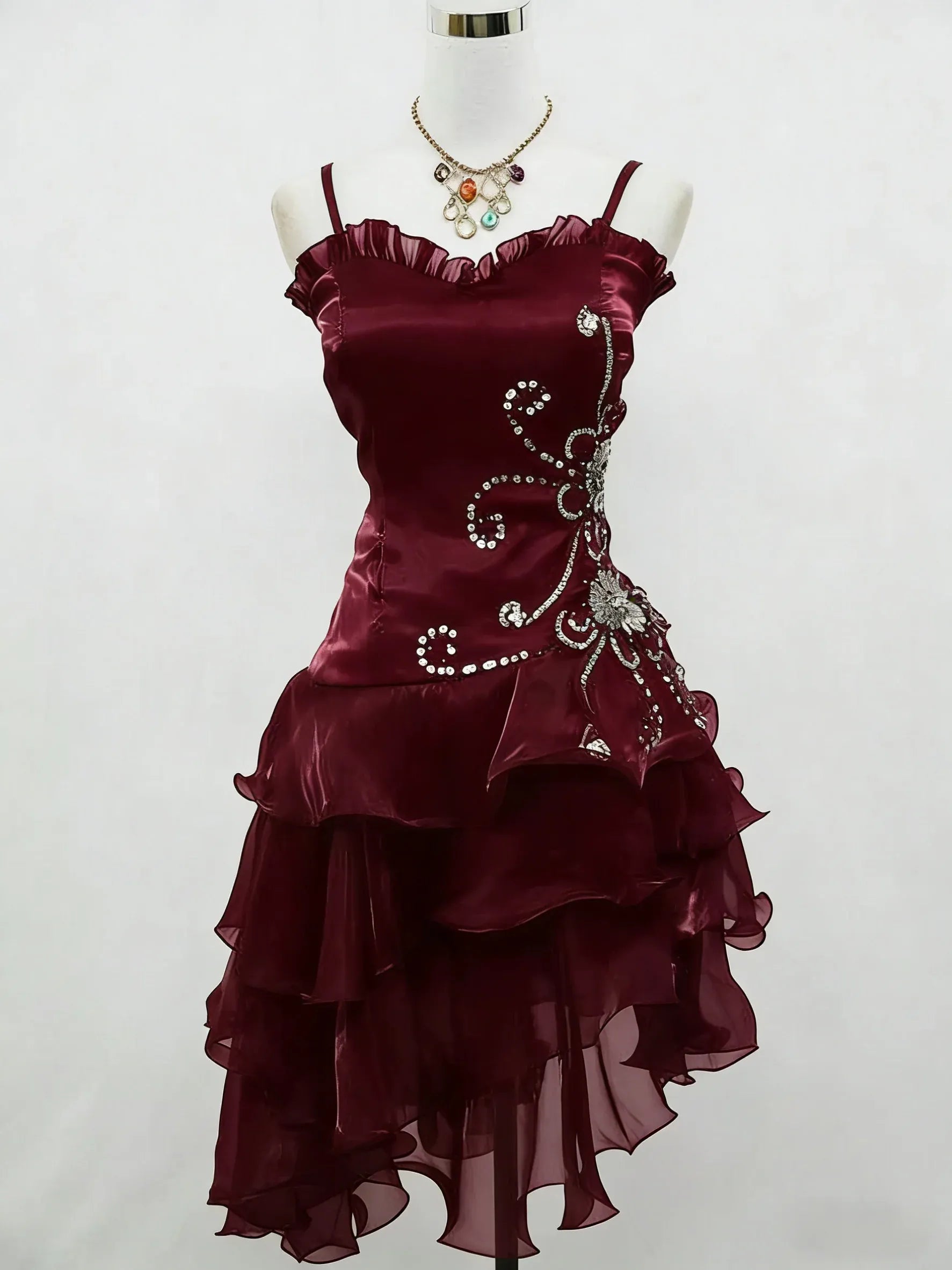 Playful A-Line Spaghetti-Strap Beaded Floral Satin Mini Dress
