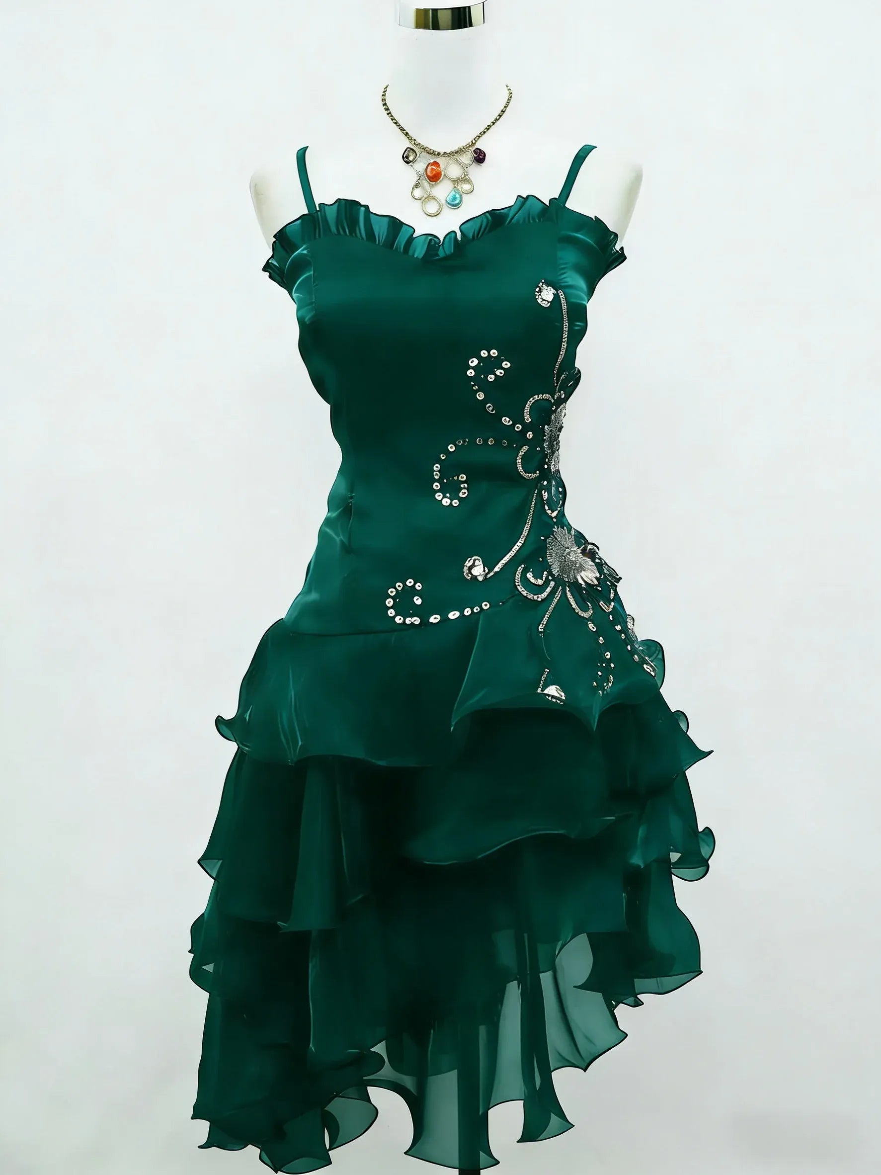 Playful A-Line Spaghetti-Strap Beaded Floral Satin Mini Dress