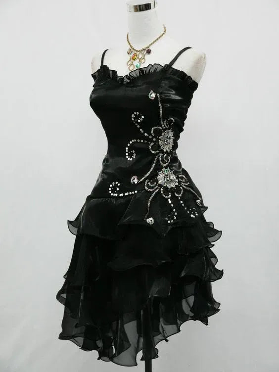 Playful A-Line Spaghetti-Strap Beaded Floral Satin Mini Dress