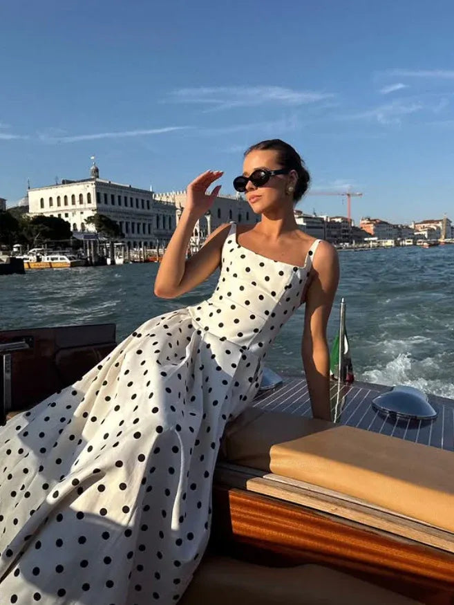 Playful A-Line Square Neck Polka Dot Ivory Cotton Midi Dress