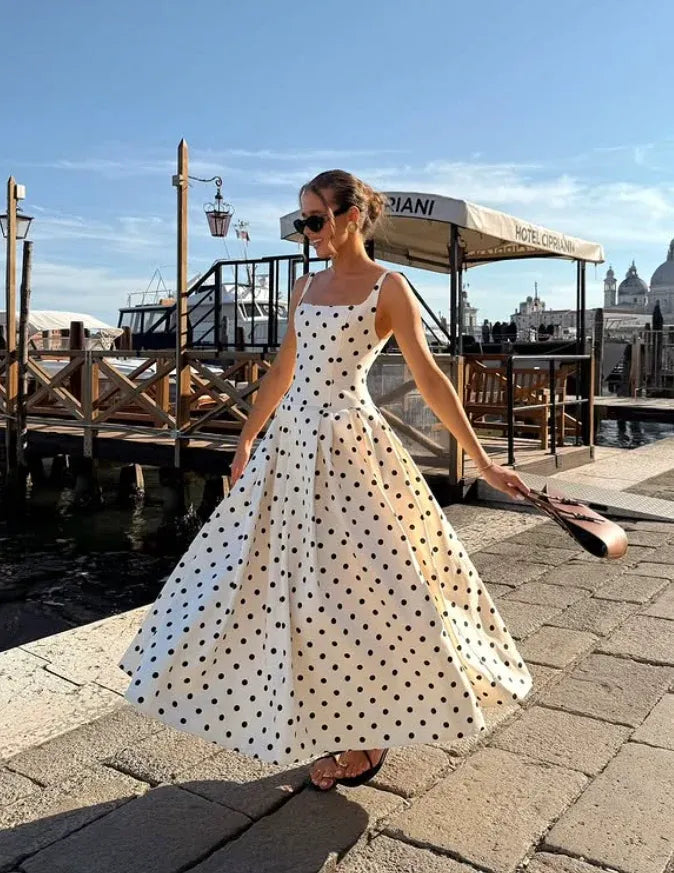 Playful A-Line Square Neck Polka Dot Ivory Cotton Midi Dress