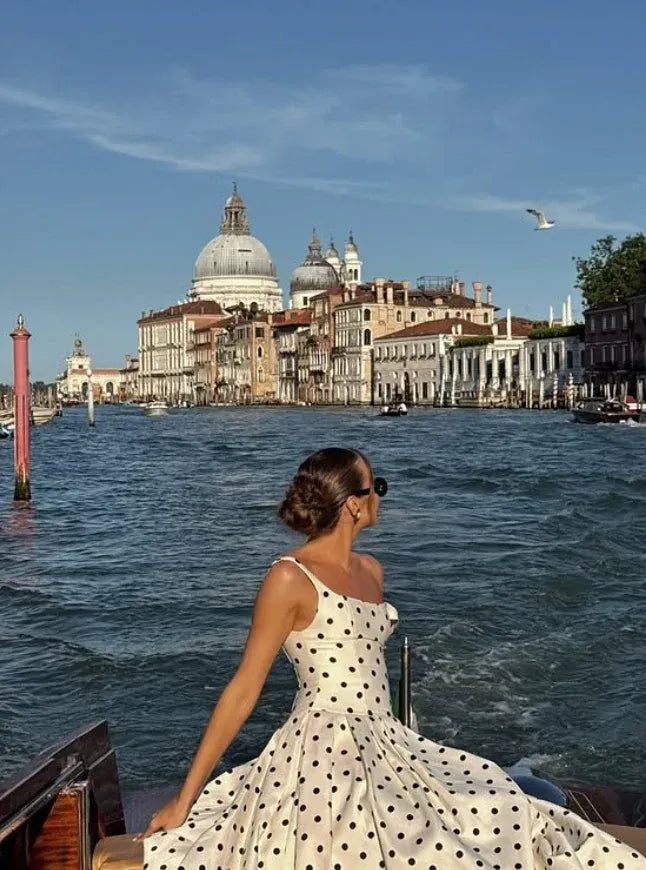 Playful A-Line Square Neck Polka Dot Ivory Cotton Midi Dress