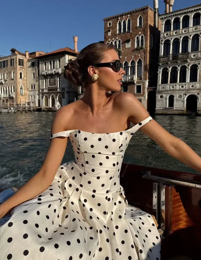 Playful A-Line Square Neck Polka Dot Ivory Cotton Midi Dress