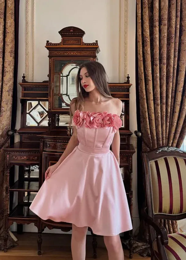 Playful A-Line Strapless 3D Floral Satin Mini Dress