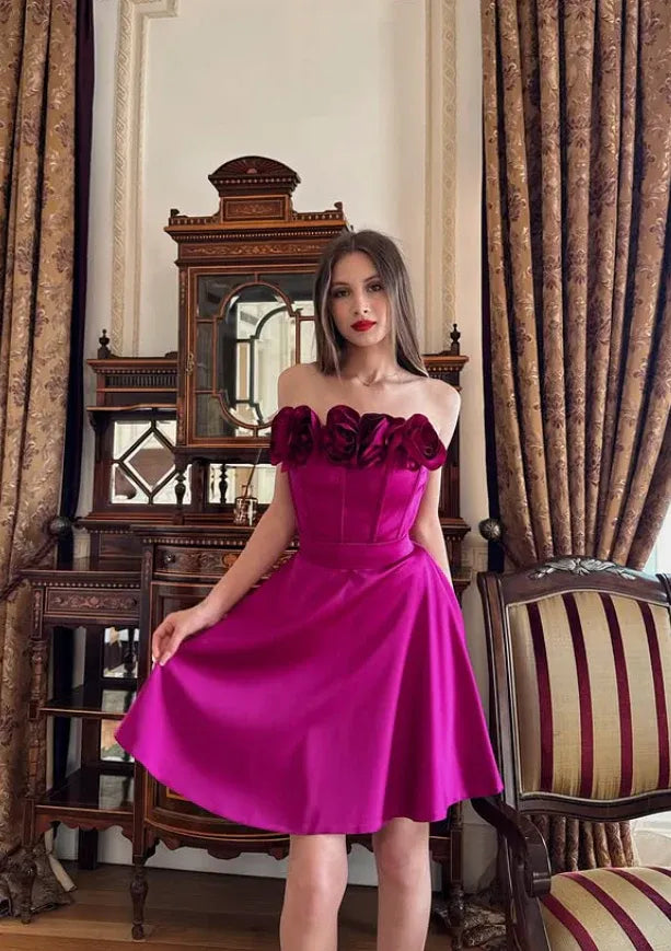 Playful A-Line Strapless 3D Floral Satin Mini Dress