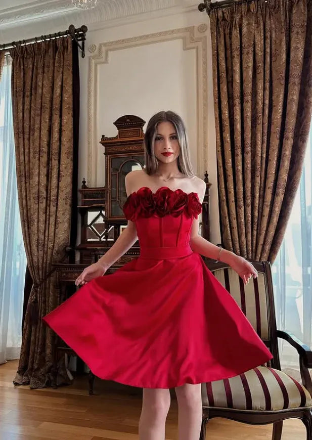 Playful A-Line Strapless 3D Floral Satin Mini Dress