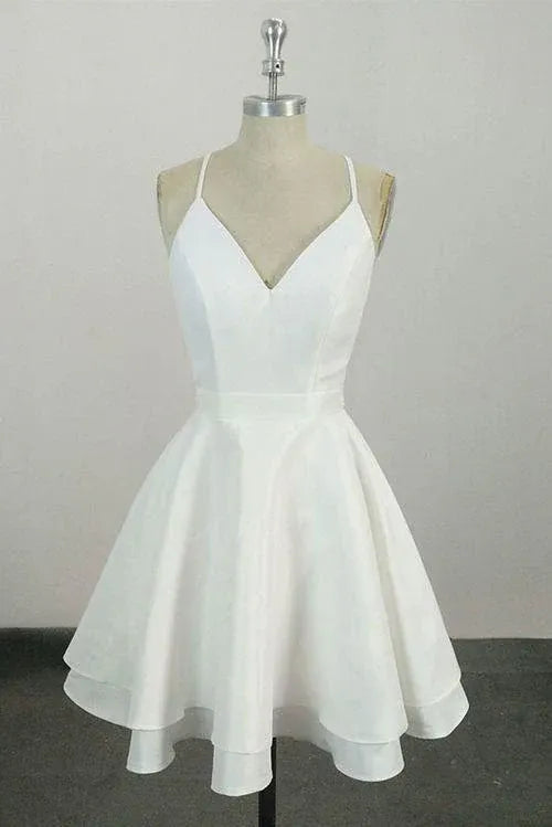 Playful A-Line V-Neck Spaghetti-Strap Lace Open-Back White Prom Dresses