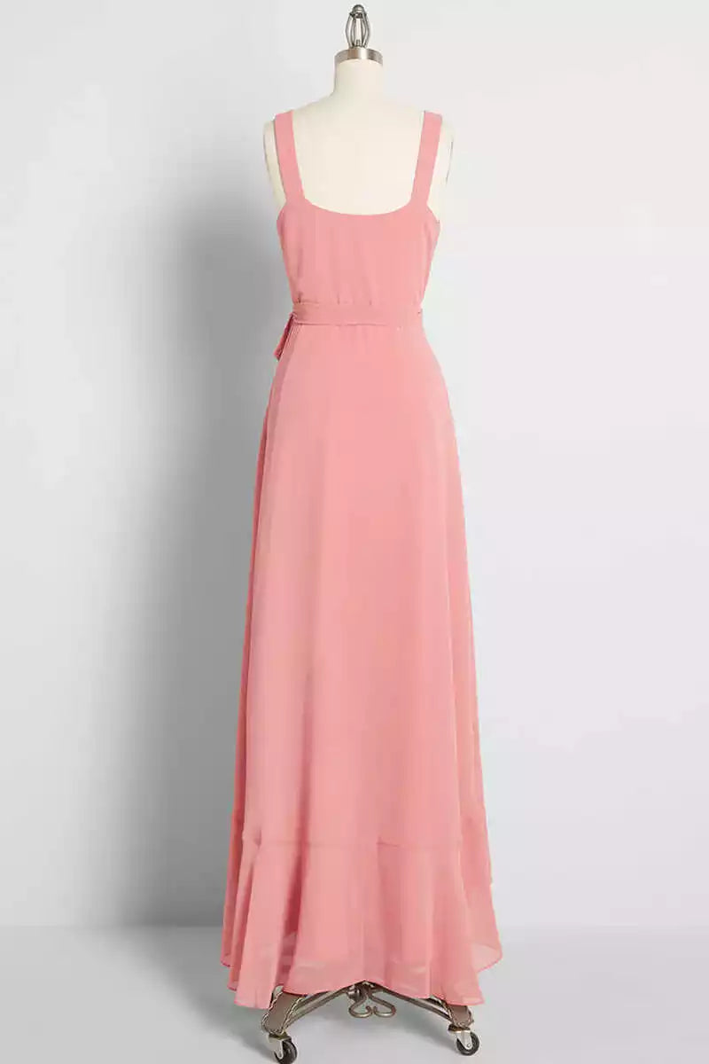 Playful Blush Chiffon Gown with Spaghetti Strap Ruffled Overlay & High-Low Hem