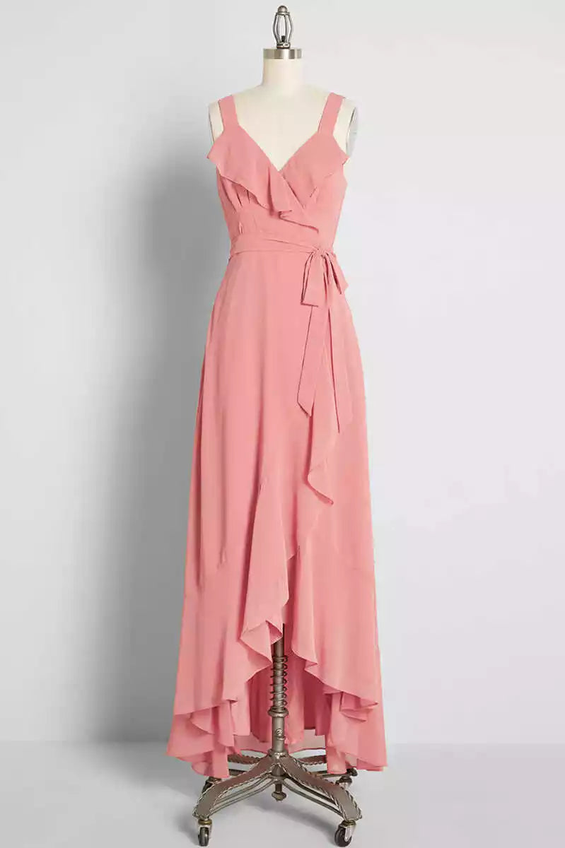 Playful Blush Chiffon Gown with Spaghetti Strap Ruffled Overlay & High-Low Hem