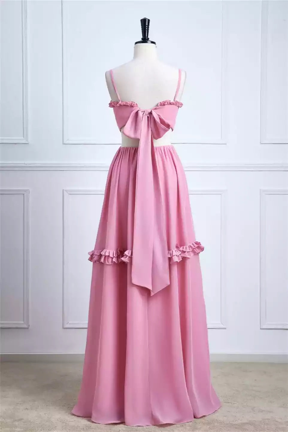 Playful Blush Pink Chiffon Gown with Ruffled Cutout & Bow Back
