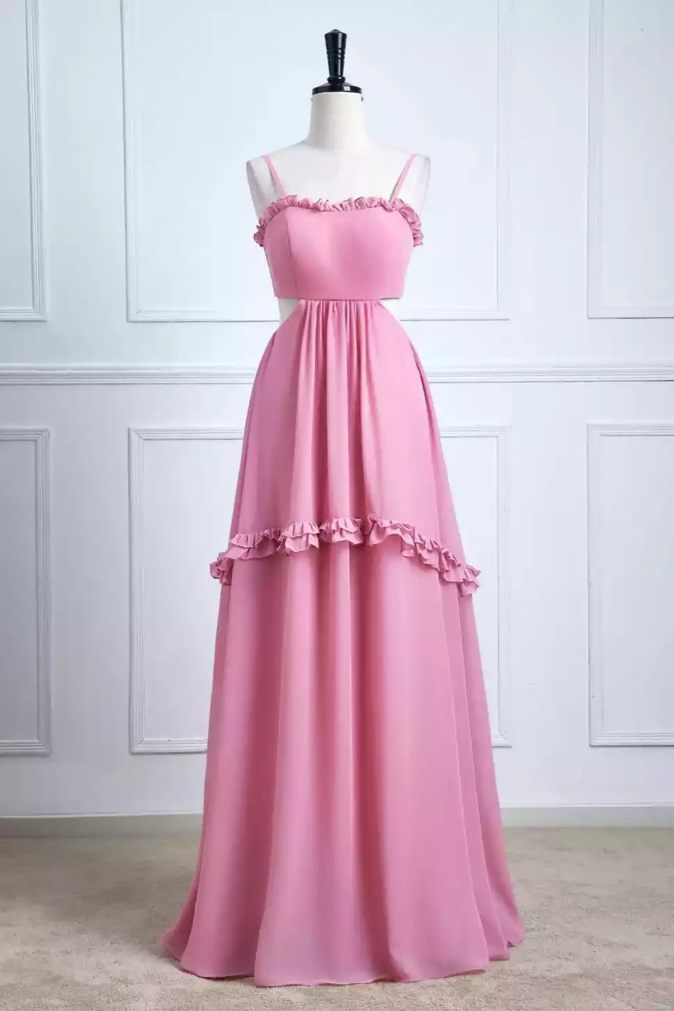 Playful Blush Pink Chiffon Gown with Ruffled Cutout & Bow Back