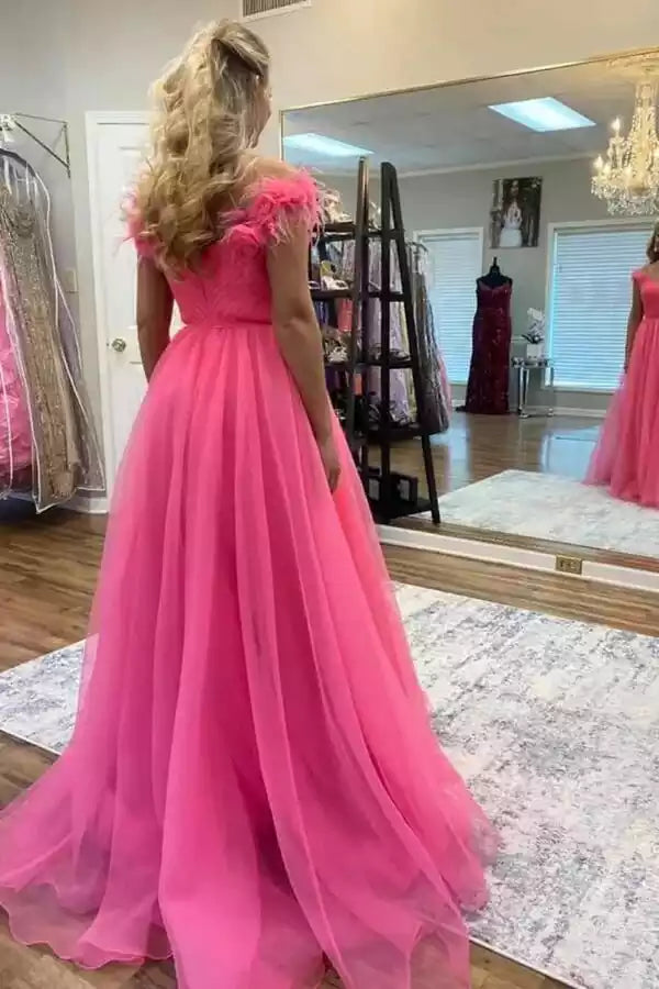 Playful Hot Pink Tulle Ballgown with Feather Shoulder Detail & Off-the-Shoulder Neckline