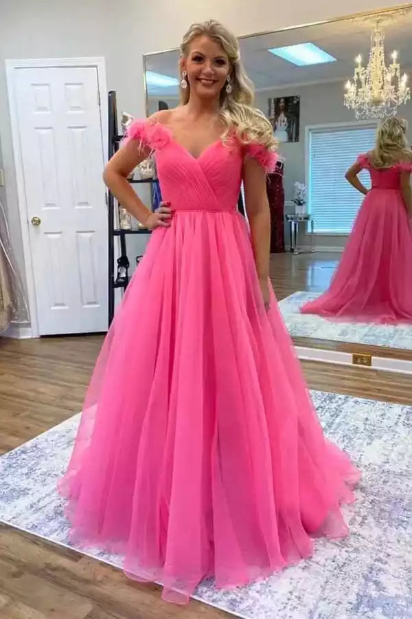 Playful Hot Pink Tulle Ballgown with Feather Shoulder Detail & Off-the-Shoulder Neckline