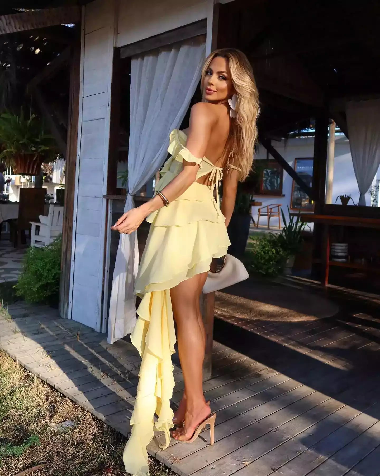 Playful Lemon Yellow Chiffon Gown with Off-the-Shoulder Ruffles & Asymmetrical Trailing Skirt
