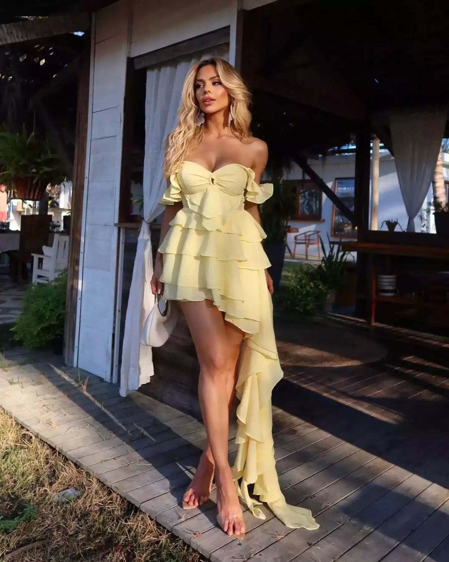 Playful Lemon Yellow Chiffon Gown with Off-the-Shoulder Ruffles & Asymmetrical Trailing Skirt