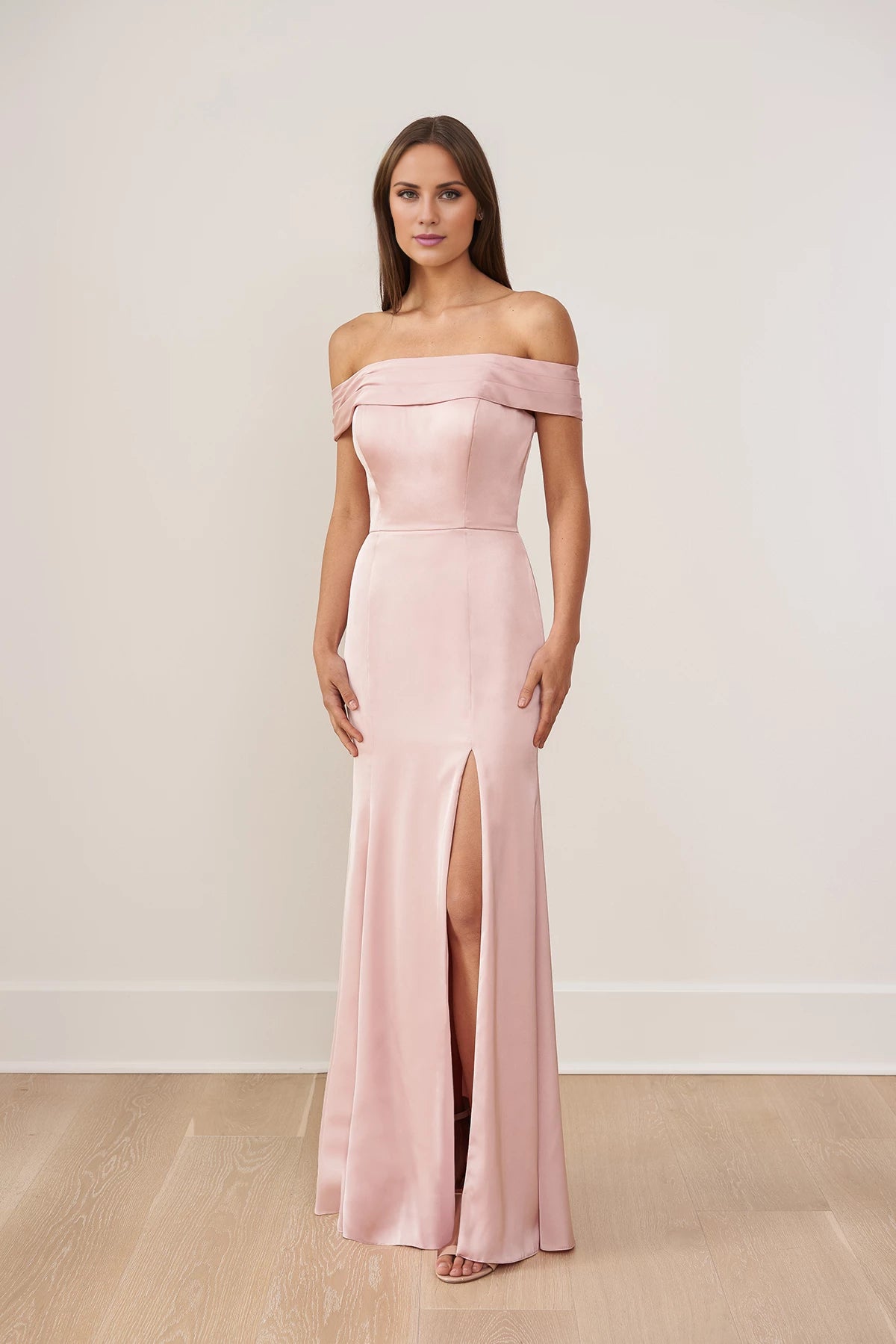 Pleated Portrait Collar and Front Slit Skirt Bridesmaid Dresses