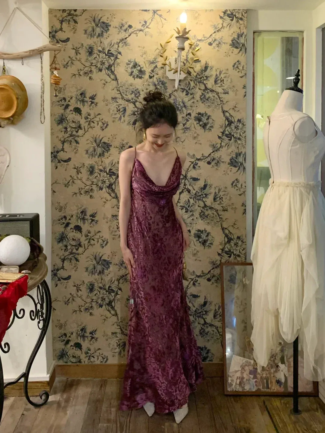 Plum Floral Embossed Velvet Cowl Neck Maxi Gown