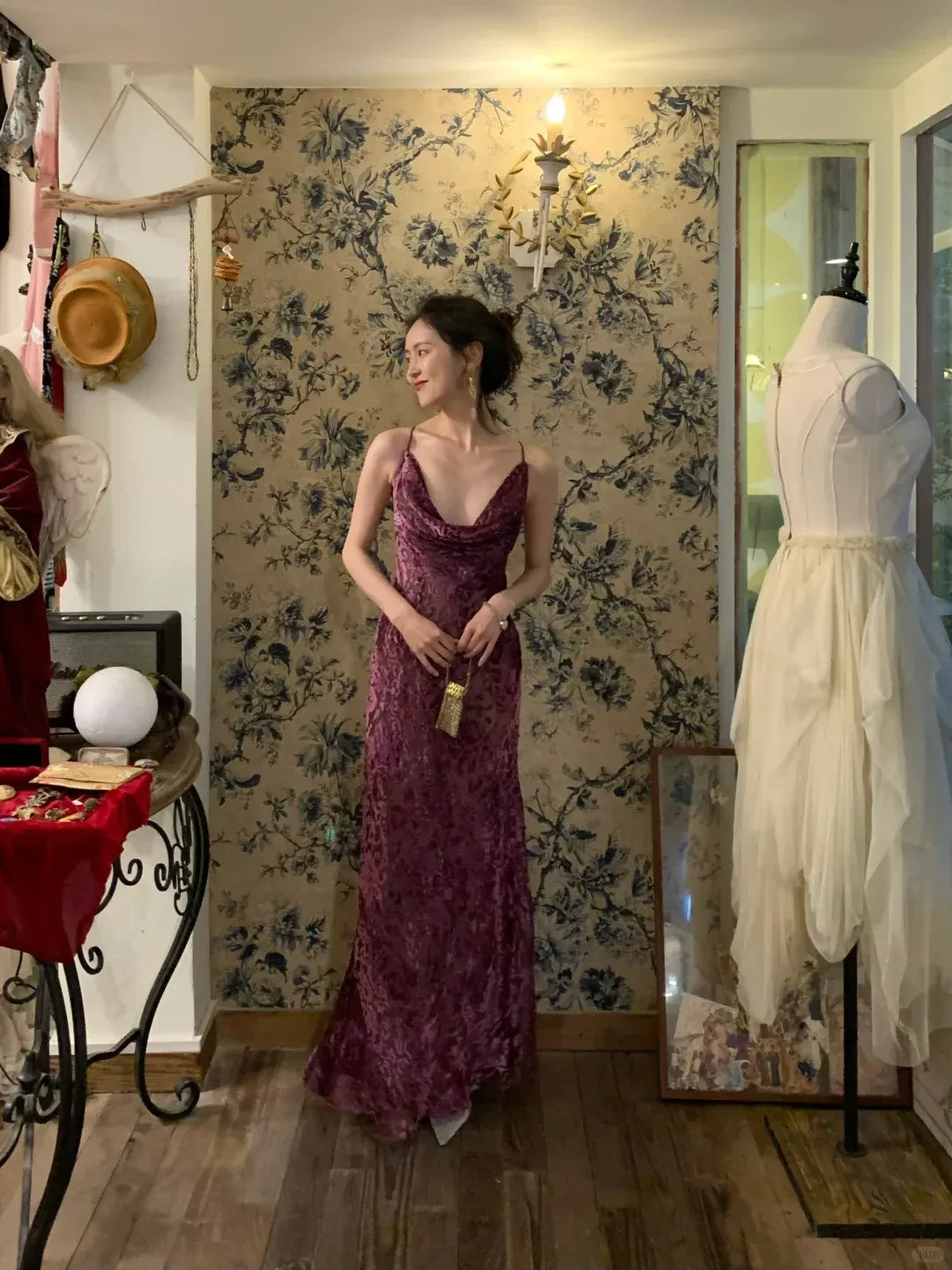 Plum Floral Embossed Velvet Cowl Neck Maxi Gown