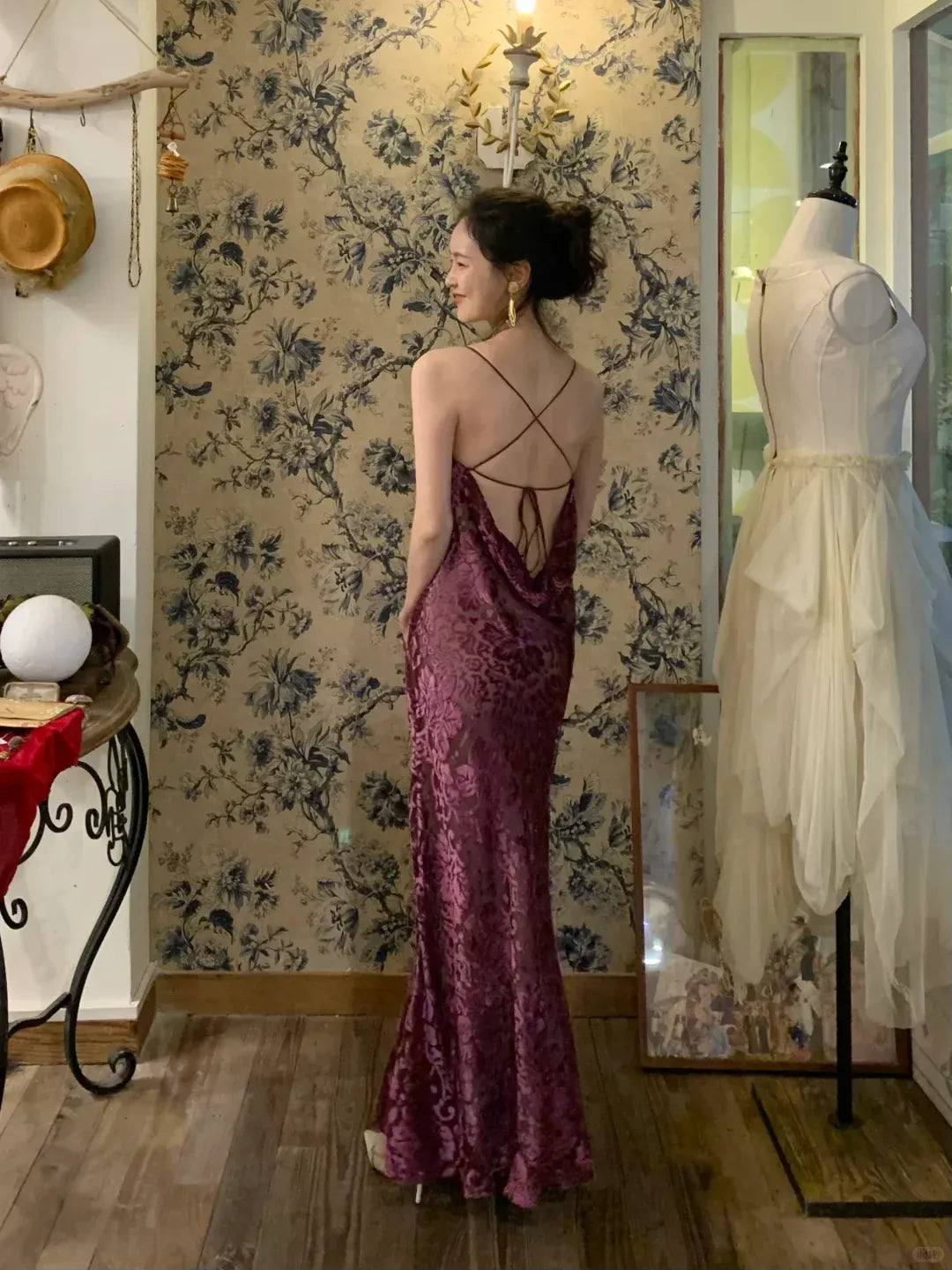 Plum Floral Embossed Velvet Cowl Neck Maxi Gown