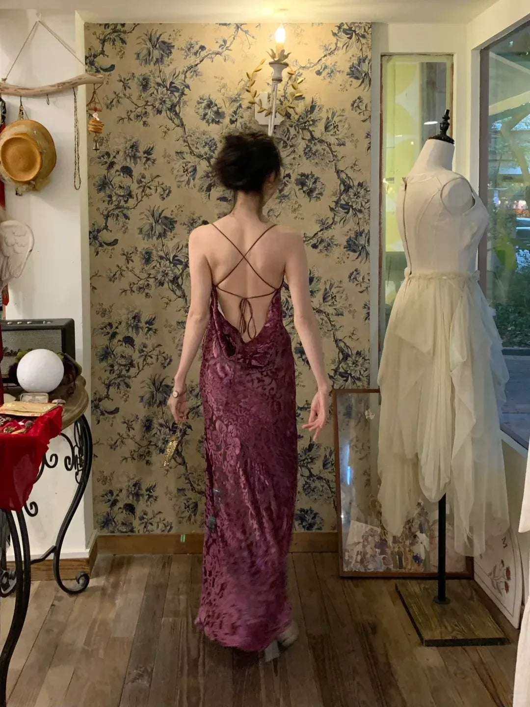 Plum Floral Embossed Velvet Cowl Neck Maxi Gown
