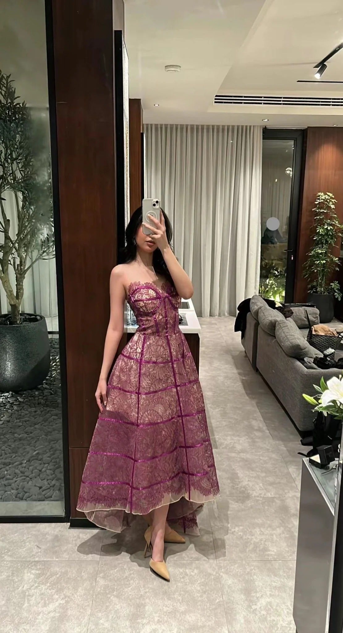 Plum Purple Strapless Lace Grid High-Low Midi Dress – Cocktail Party Gown