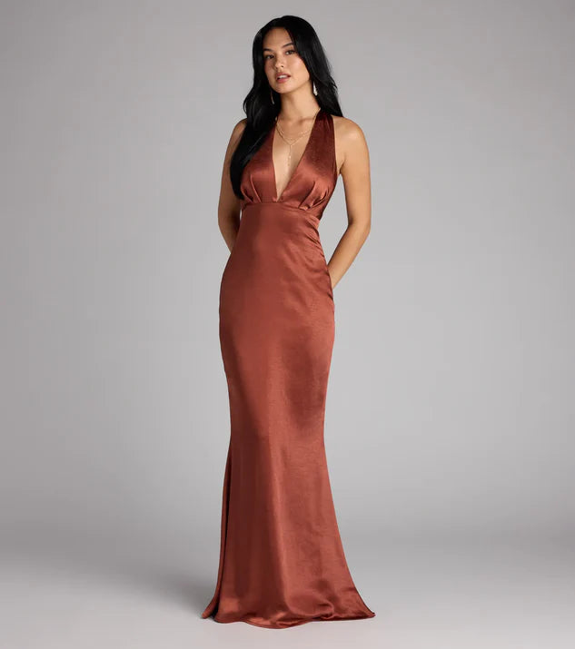 Plunge V Halter Satin Column Formal Dress Evening Dress