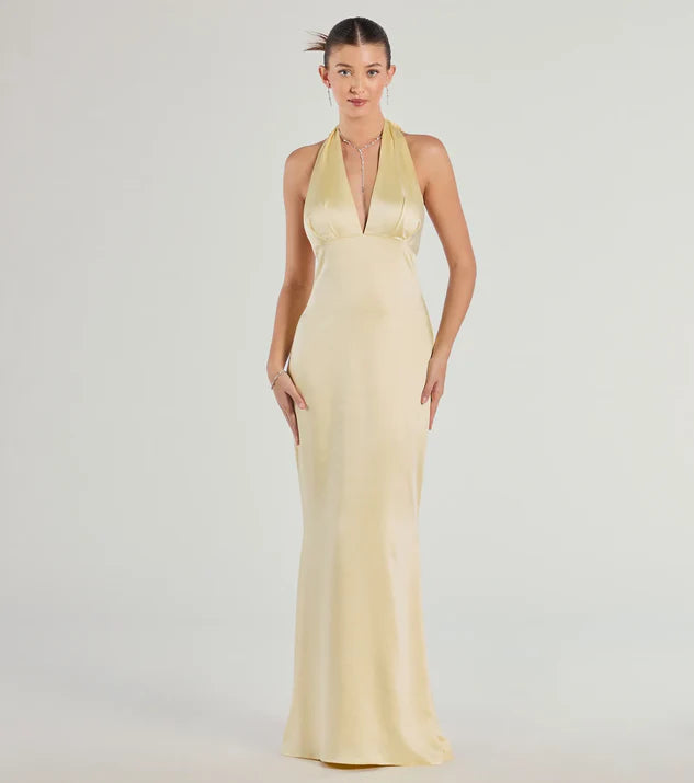 Plunge V Halter Satin Column Formal Dress Evening Dress
