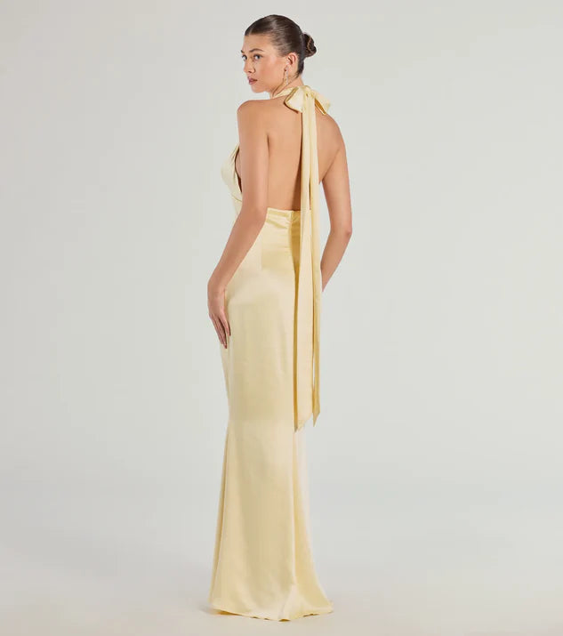 Plunge V Halter Satin Column Formal Dress Evening Dress