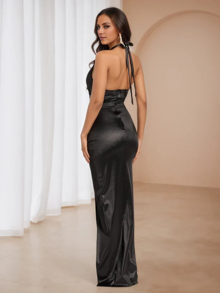 Plunge V Satin Halter Pleats Prom Dresses