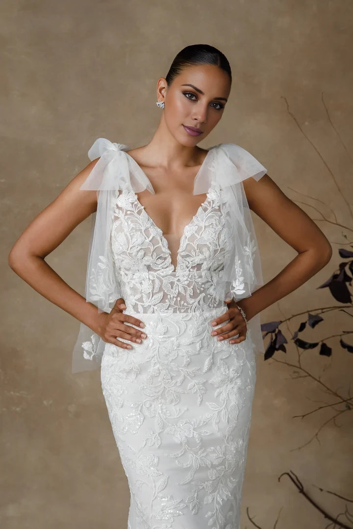 Plunging V-Neck Allover Beaded Wedding Dress with Shoulder Bows Wedding Dresses