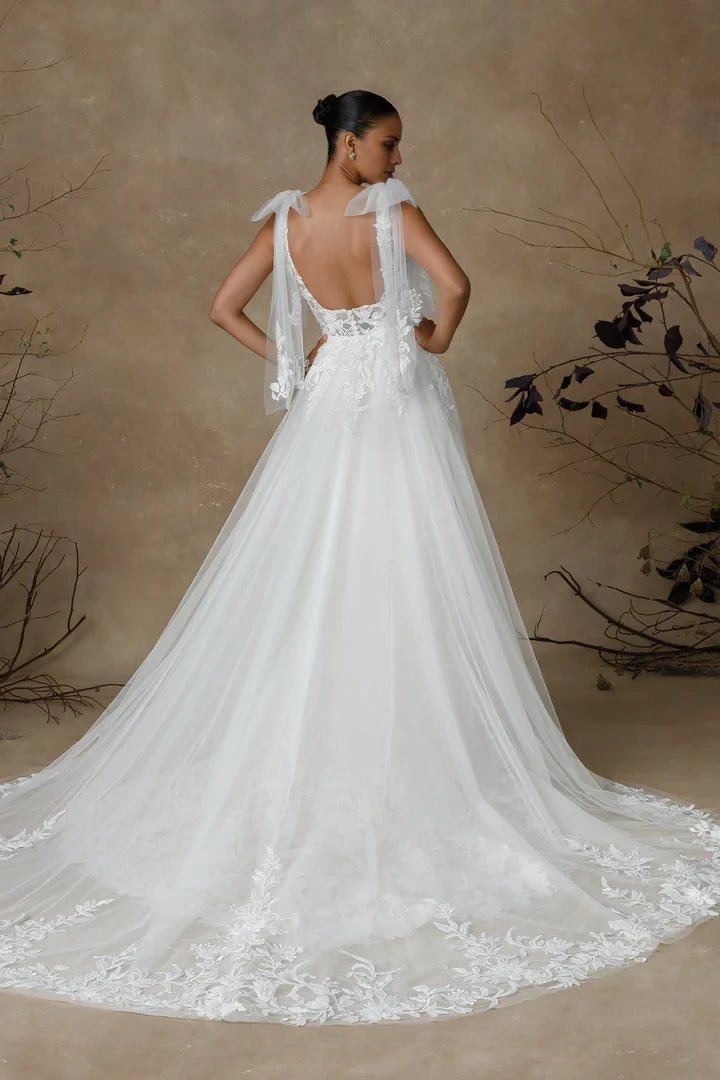 Plunging V-Neck Allover Beaded Wedding Dress with Shoulder Bows Wedding Dresses