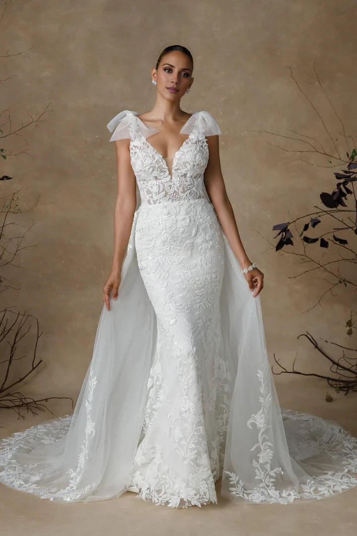 Plunging V-Neck Allover Beaded Wedding Dress with Shoulder Bows Wedding Dresses