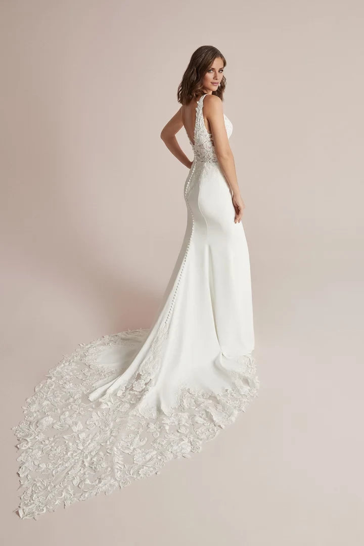 Plunging V-Neck Fit and Flare Wedding Dress with Illusion Train Wedding Dresses