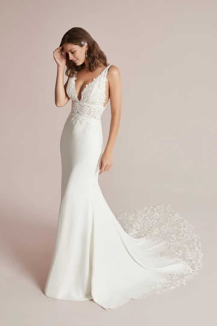 Plunging V-Neck Fit and Flare Wedding Dress with Illusion Train Wedding Dresses