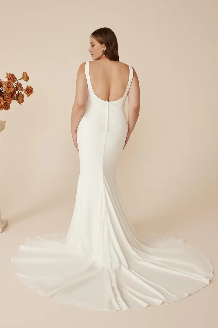 Plunging V-Neck Plus Size Crepe Fit and Flare Gown Wedding Dresses