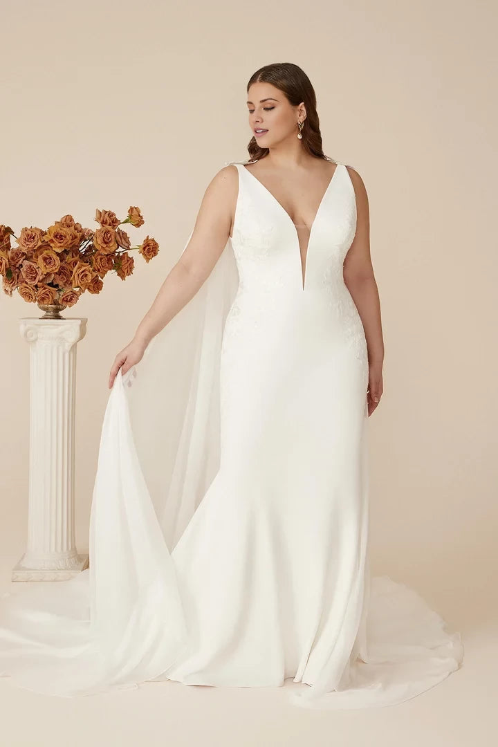 Plunging V-Neck Plus Size Crepe Fit and Flare Gown Wedding Dresses