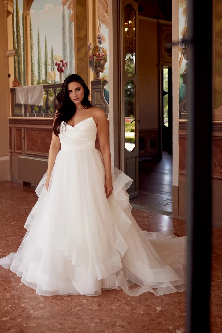 Plus Size Gown with Tulle Ruffle Skirt and Strapless Satin Bodice Wedding Dresses
