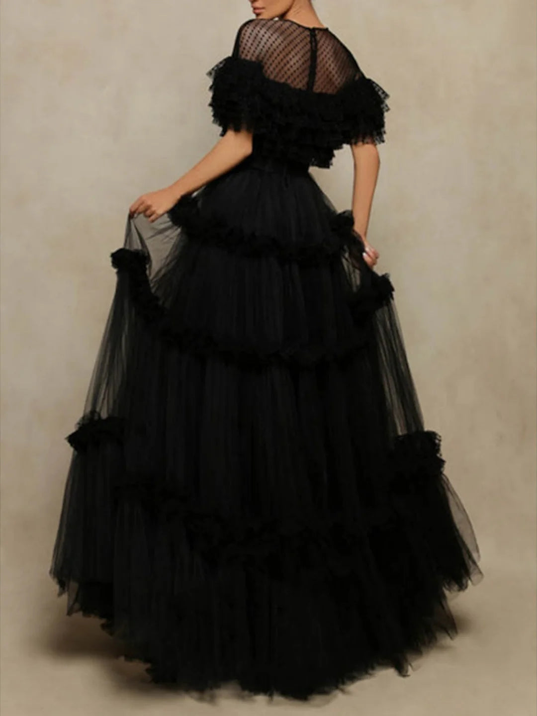 Polka Dot Mesh Evening Dresses with Ruffle Trim, Tiered Tulle Skirt and Floor-Length Formal Gown