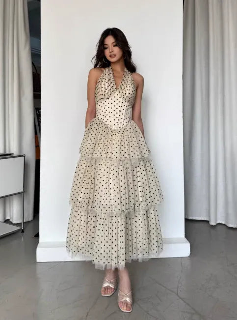 Polka Dot Tulle Halter Midi Dress – Tiered Ruffle Formal Gown with Back Tie